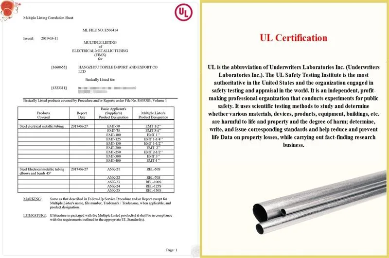 Zinc Plated Steel EMT Conduit and Fittings UL Listed with One-Hole Clip / EMT Conduit Strap